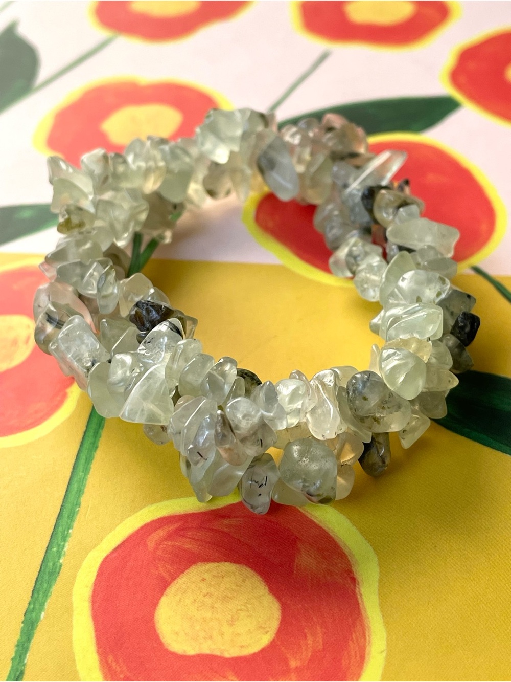 Polished light green stone chip (prehnite?) triple strand stretch bracelet boho